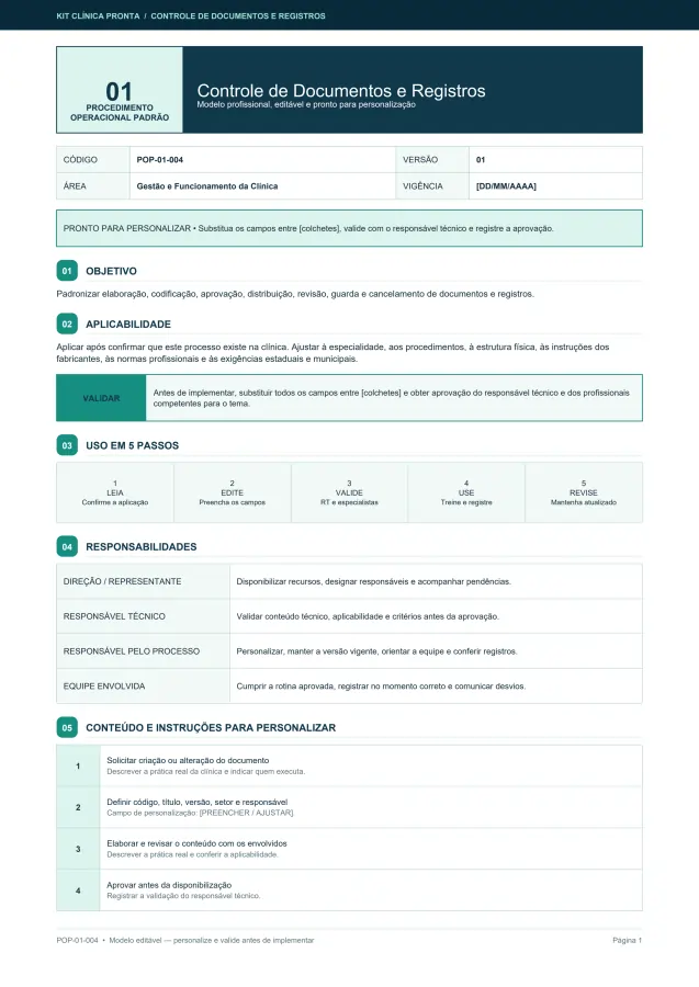 Amostra do controle de documentos e registros