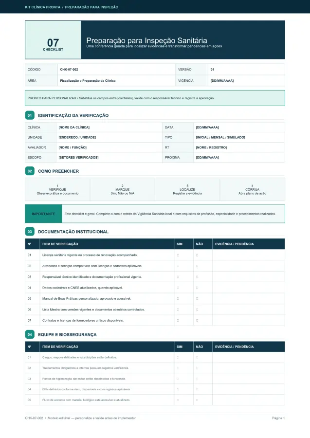 Amostra do checklist de preparação para inspeção