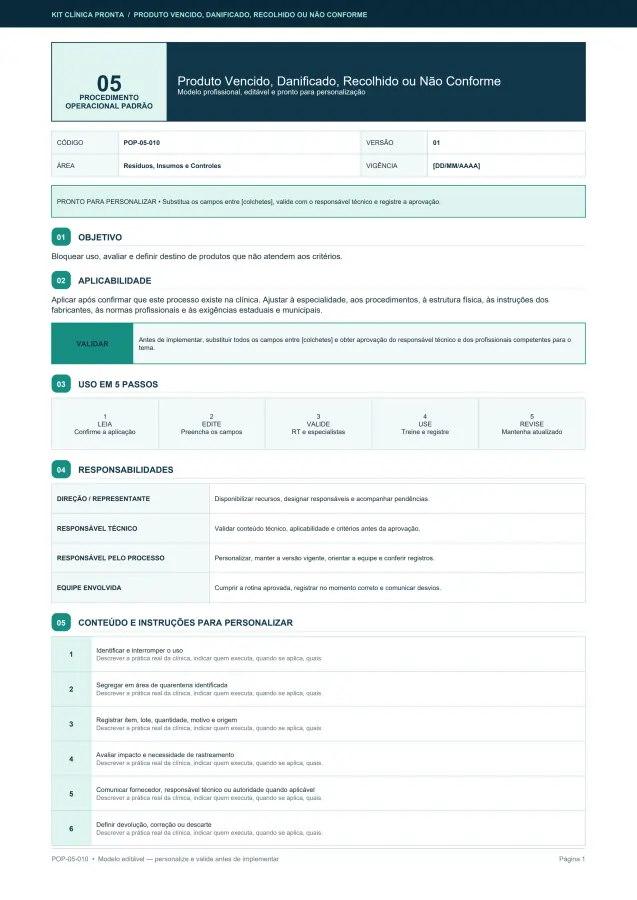 Amostra do controle de produtos não conformes